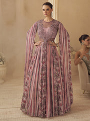 Pink Hand-Embroidered Cape Sleeve Anarkali Gown