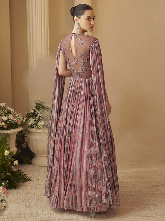 Pink Hand-Embroidered Cape Sleeve Anarkali Gown
