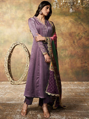 Ethnic Motifs Yoke Design Thread Work Velvet Kurta with Trousers & Dupatta