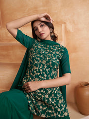 Green Floral Embroidered Kurta With Sharara & Dupatta