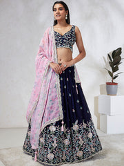 Navy Blue Georgette Sequins, Mirror and thread embroidery Semi-Stitched Lehenga choli & Dupatta