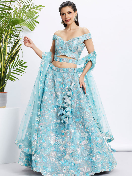 Sky blue Organza Sequins, Zarkan and thread embroidery Semi-Stitched Lehenga choli & Dupatta
