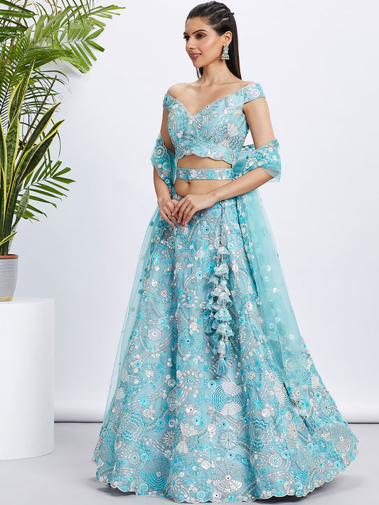 Sky blue Organza Sequins, Zarkan and thread embroidery Semi-Stitched Lehenga choli & Dupatta