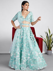 Turquoise blue Organza Sequins, Zarkan and thread embroidery Semi-Stitched Lehenga choli & Dupatta