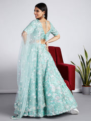 Turquoise blue Organza Sequins, Zarkan and thread embroidery Semi-Stitched Lehenga choli & Dupatta