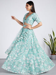 Turquoise blue Organza Sequins, Zarkan and thread embroidery Semi-Stitched Lehenga choli & Dupatta