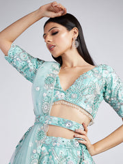 Turquoise blue Organza Sequins, Zarkan and thread embroidery Semi-Stitched Lehenga choli & Dupatta
