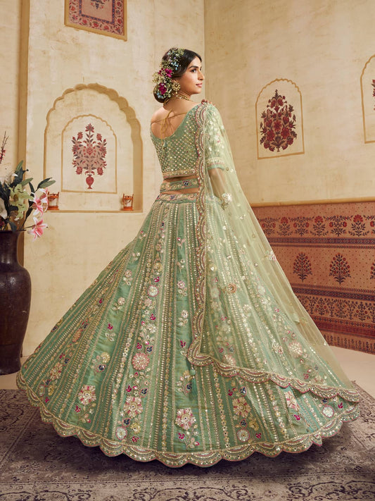 Green Color Bridal Net Fabric Sequins embroidery Semi-Stitched Lehenga choli & Dupatta