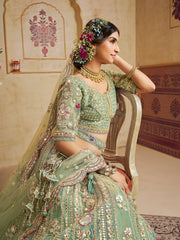 Green Color Bridal Net Fabric Sequins embroidery Semi-Stitched Lehenga choli & Dupatta