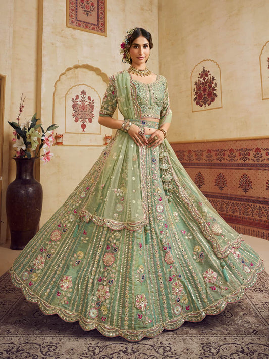 Green Color Bridal Net Fabric Sequins embroidery Semi-Stitched Lehenga choli & Dupatta