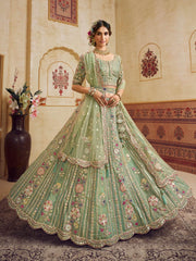 Green Color Bridal Net Fabric Sequins embroidery Semi-Stitched Lehenga choli & Dupatta
