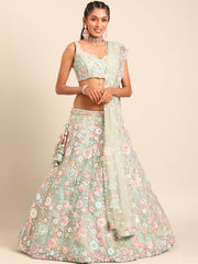 Lime Green Net Sequins, Mirror and thread embroidery Semi-Stitched Lehenga choli & Dupatta