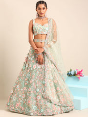 Lime Green Net Sequins, Mirror and thread embroidery Semi-Stitched Lehenga choli & Dupatta