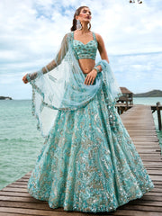 Turquoise Blue Net Sequins and Zarkan embroidery Semi-Stitched Lehenga choli & Dupatta