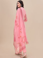 Pink Floral Embroidered Straight Kurta & Trousers With Dupatta