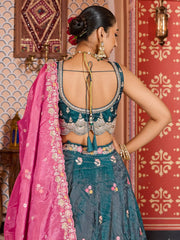 Teal  Tissue Fabric Sequins embroidery Semi Stitched Lehenga & Unstitched Blouse With Dupatta