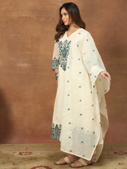 Women Ethnic Motifs Embroidered Panelled Thread Work Kurta with Trousers & With Dupatta