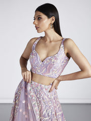 Mauve Net Sequins and thread embroidery Semi Stitched Lehenga choli and Dupatta