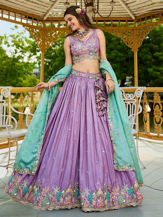 Lavender colour Satin Sequinse embroidery Semi-Stitched Lehenga choli and Dupatta