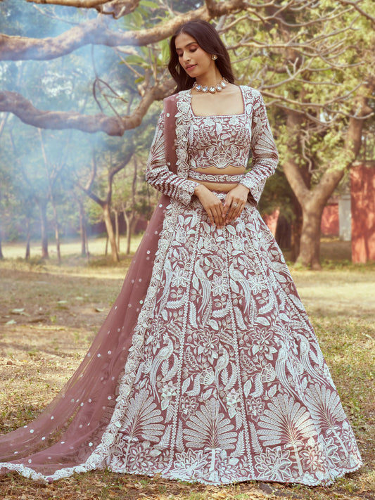 Rose Gold Pure Satin Sequins embroidery Semi-Stitched Lehenga choli & Dupatta