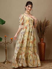 Floral Printed Bell Sleeve Maxi Ethnic Dresses