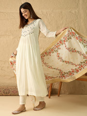 Floral Embroidered Empire Thread Work Kurta with Trousers & With Dupatta