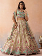 Cream Tissue Sequins Embroidered Semi Stitched Lehenga and Unstitched Blouse With Dupatta