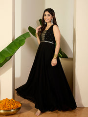 Geometric Yoke Design Sequinned Embroidered Georgette A-Line Ethnic Dress