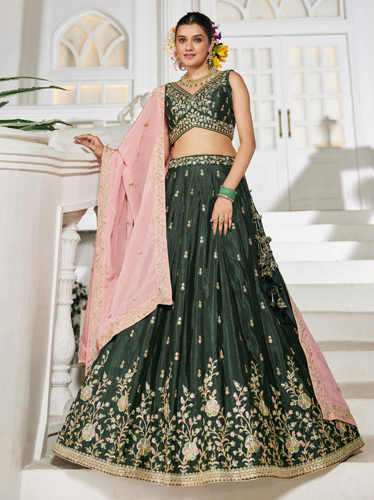Olive colour Chiffon Sequinse embroidery Semi-Stitched Lehenga choli and Dupatta