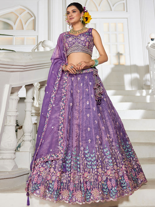 Purple colour Tissue Sequinse embroidery Semi-Stitched Lehenga choli and Dupatta