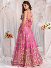 Pink Organza Sequins embroidery Semi Stitched Lehenga choli and Dupatta