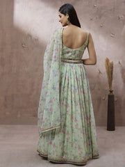 Lime Green Organza Floral Printed Semi-Stitched Lehenga choli & Dupatta