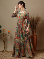 Girls Ethnic Motifs Printed Square Neck Ethnic Dress