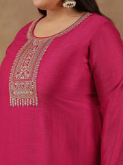 Plus Size Ethnic Motifs Embroidered Thread Work Kurta Trousers & With Dupatta