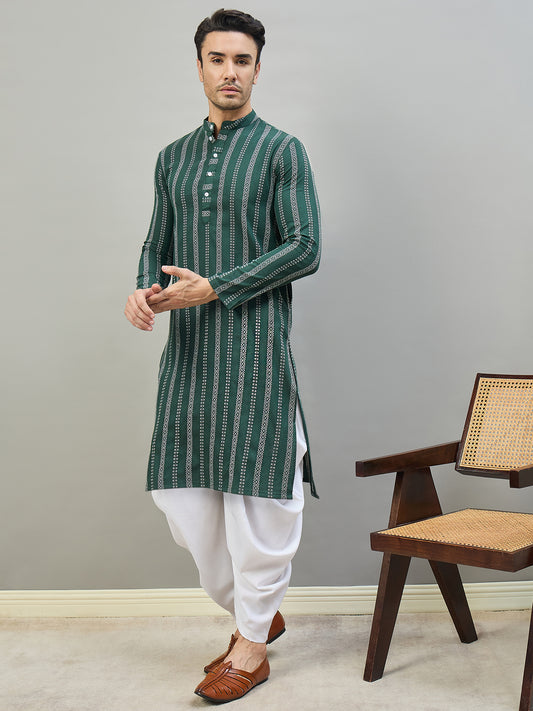 Woven Design Striped Mandarin Collar Knee Length Straight Kurtas