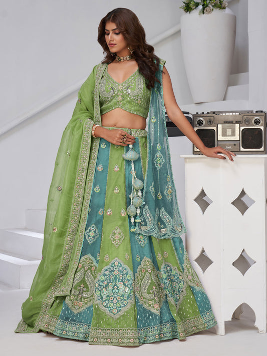 Vibrant Dual Tone Green & Turquoise Lehenga with Double Dupattas for Weddings