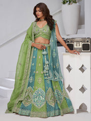 Vibrant Dual Tone Green & Turquoise Lehenga with Double Dupattas for Weddings