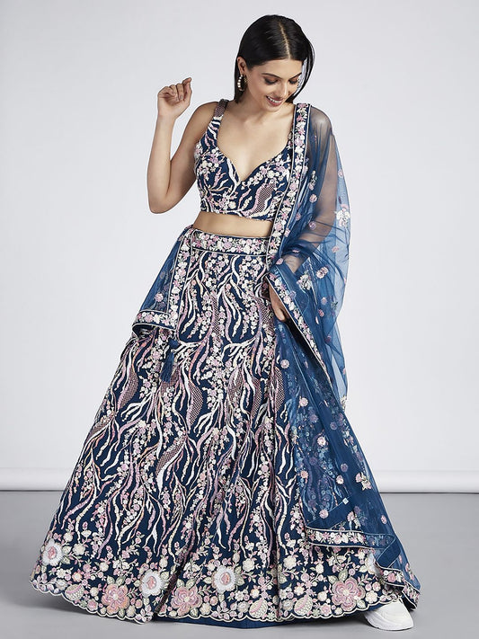 Navy blue Net Sequins and thread embroidery Semi Stitched Lehenga choli and Dupatta