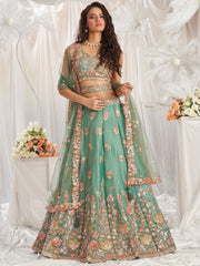 LIMEGREEN Organza Sequins embroidery Semi Stitched Lehenga choli and Dupatta