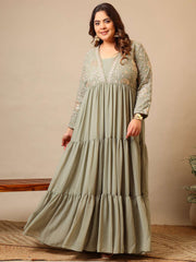 Embroidered V-Neck Fit & Flare Ethnic Dresses