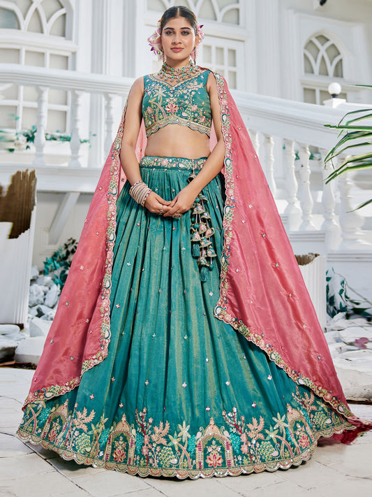 Sea Green colour Satin Sequinse embroidery Semi-Stitched Lehenga choli and Dupatta