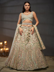 Sea green Net Multi Sequins with heavy Zarkan embroidery Semi-Stitched Lehenga choli and Dupatta