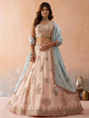 Peach  Tissue Sequinned and Zari Embroidered Semi Stitched Lehenga and Unstitched Blouse With Dupatta