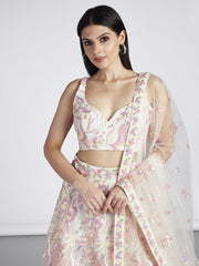Cream Net Sequins and thread embroidery Semi Stitched Lehenga choli and Dupatta