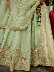 Lime Green colour Chinnon Sequinse embroidery Semi-Stitched Lehenga choli and Dupatta