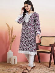 Purple Floral Printed Thread Work Straight Kurta