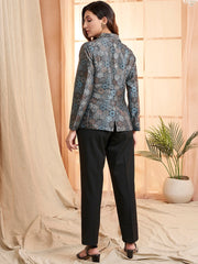 Blue Floral Printed Lapel Collar Formal Tailored Jacket