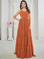 Rust Floral Embroidered Sequined & Tiered Maxi Ethnic Dress