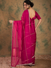 Pink Striped Embroidered Detailed Organza Saree