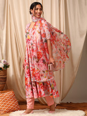 Pink Women Floral Printed Empire Gotta Patti Kurta with Trousers & With Dupatta